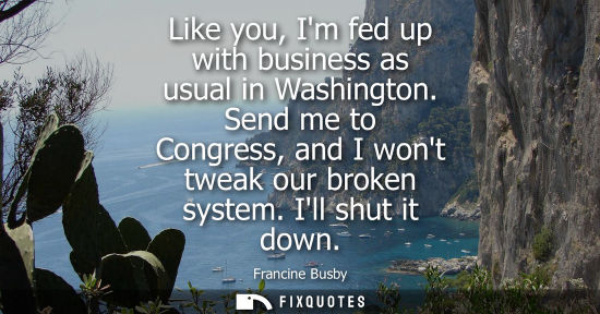 Small: Like you, Im fed up with business as usual in Washington. Send me to Congress, and I wont tweak our bro