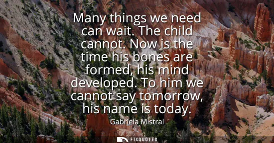 Small: Many things we need can wait. The child cannot. Now is the time his bones are formed, his mind developed. To h