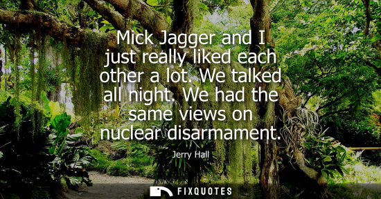 Small: Jerry Hall: Mick Jagger and I just really liked each other a lot. We talked all night. We had the same views o