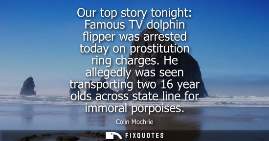 Small: Our top story tonight: Famous TV dolphin flipper was arrested today on prostitution ring charges.