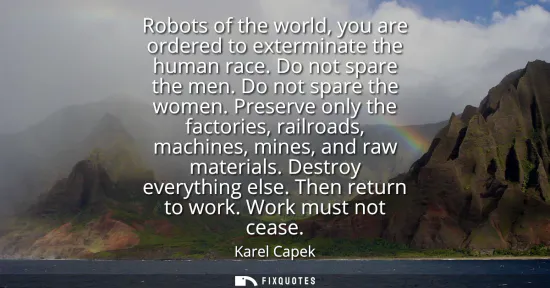 Small: Robots of the world, you are ordered to exterminate the human race. Do not spare the men. Do not spare the wom