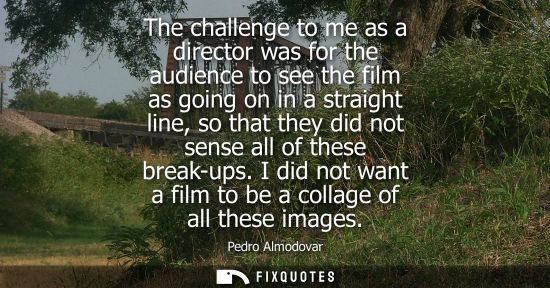 Small: The challenge to me as a director was for the audience to see the film as going on in a straight line, 