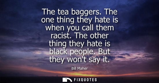 Small: Bill Maher: The tea baggers. The one thing they hate is when you call them racist. The other thing they hate i