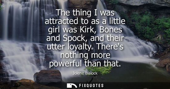 Small: The thing I was attracted to as a little girl was Kirk, Bones and Spock, and their utter loyalty. There