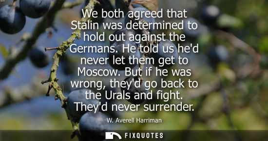 Small: We both agreed that Stalin was determined to hold out against the Germans. He told us hed never let the