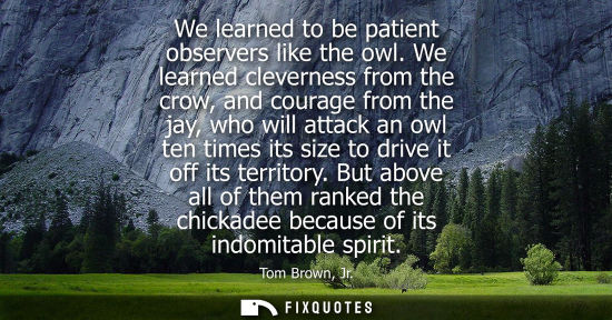 Small: We learned to be patient observers like the owl. We learned cleverness from the crow, and courage from 