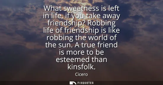 Small: What sweetness is left in life, if you take away friendship? Robbing life of friendship is like robbing the wo